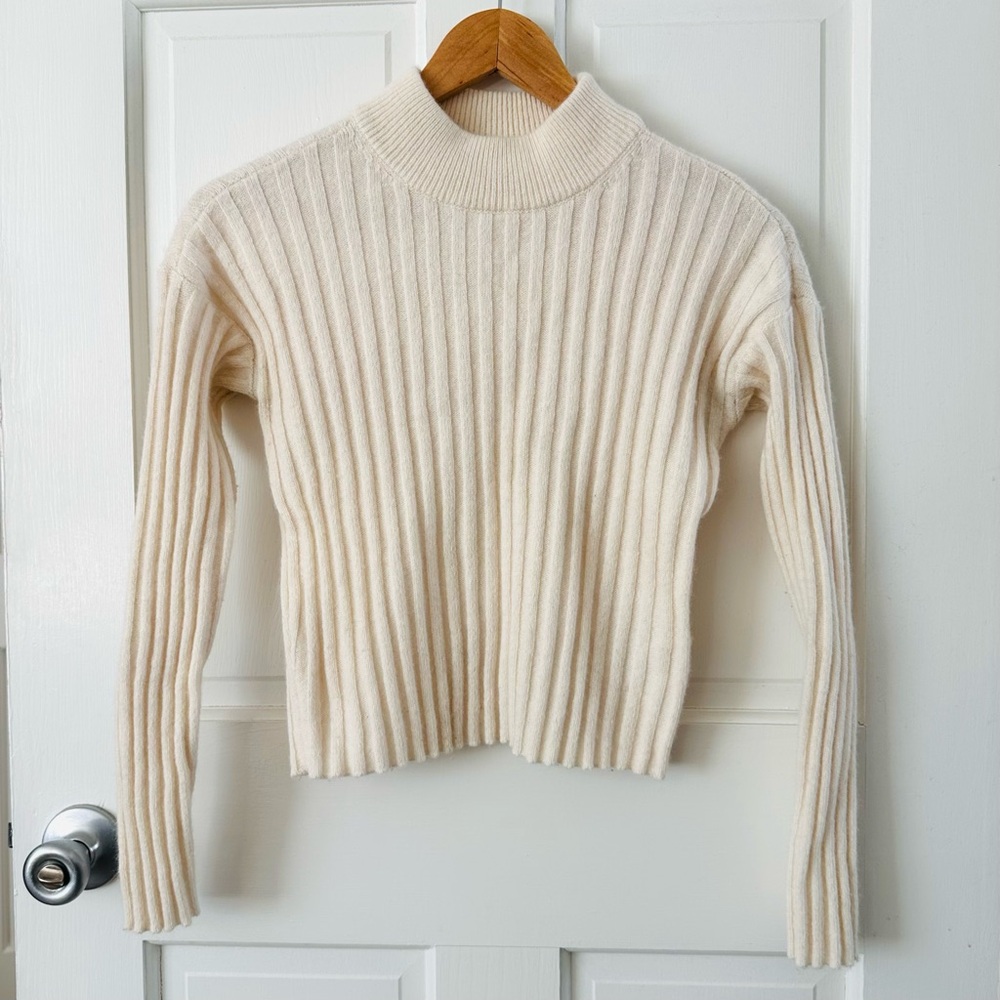 Madewell Cream Ribbed Mock Neck Crop Pullover Sweater Wool Blend Size XS - Picture 2 of 8